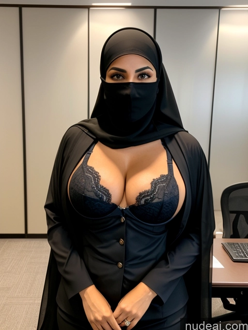 ai nude image of araffe dressed in a black suit and a black mask pics of Two Milf Perfect Body Perfect Boobs Thick Beautiful Dark Skin Sexy Face Arabic Office Bra Jacket Niqab Stylish Suit Professor Cleavage Detailed