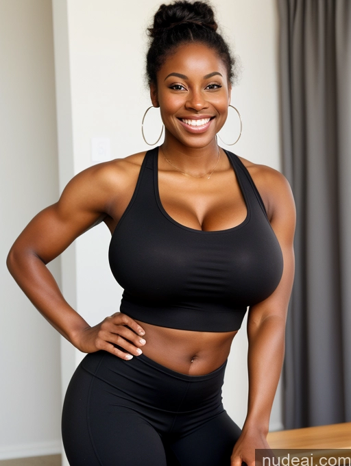 ai nude image of smiling woman in black sports bra top posing for a picture pics of Huge Boobs Happy Black Hair Dark Skin Black Athlete Busty Skinny Tank Top Hair Bun Bending Over