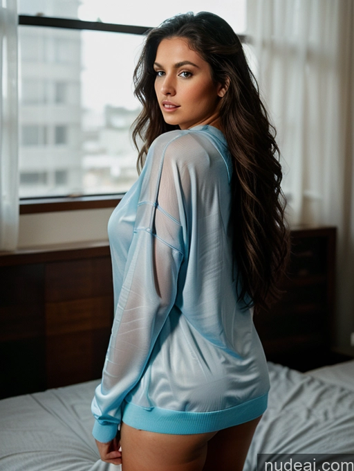 ai nude image of araffed woman in a blue shirt and panties on a bed pics of Busty Big Ass Chubby Big Hips Fairer Skin 30s Brunette Messy White Film Photo Cleavage Transparent Dark Lighting Detailed Deep Blue Eyes Oversized Sweater/Hoodie Miss Universe Model