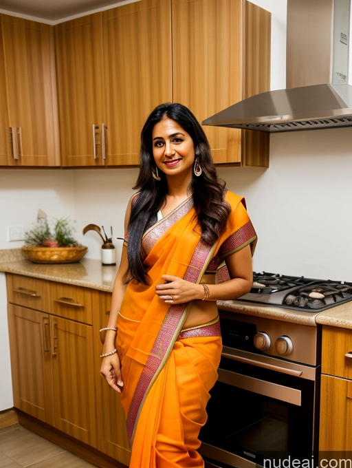 ai nude image of smiling woman in orange sari standing in kitchen with stove and oven pics of Short Thick Big Hips Pubic Hair Tanned Skin Long Hair Indian 30s Sari Casual Kitchen