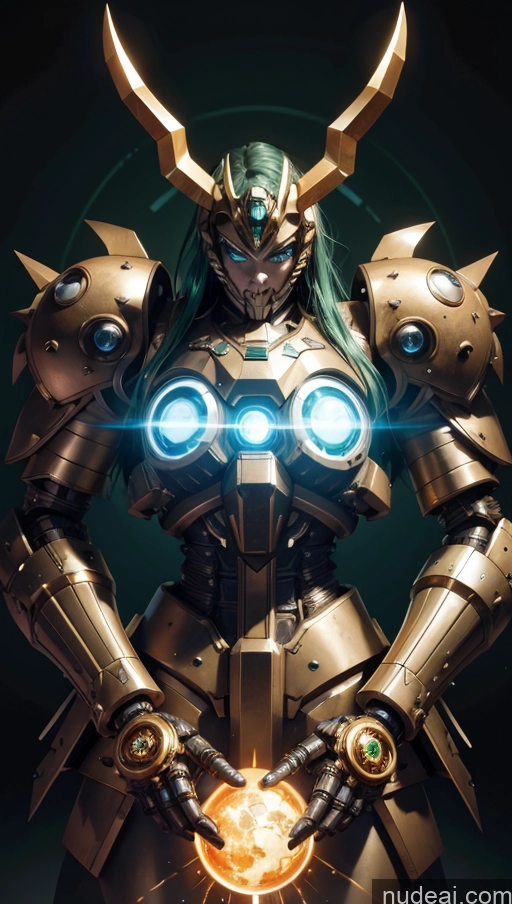 ai nude image of a close up of a woman in armor with a glowing halo pics of Sci-fi Armor Tribal Cleavage Dark Lighting Muscular Dynamic View Alternative Thick Mech Suit Busty Swedish Straddling Steampunk Sexy Face 40s Green Hair Gold Jewelry Death Knight SuperMecha: A-Mecha Musume A素体机娘 Bodybuilder