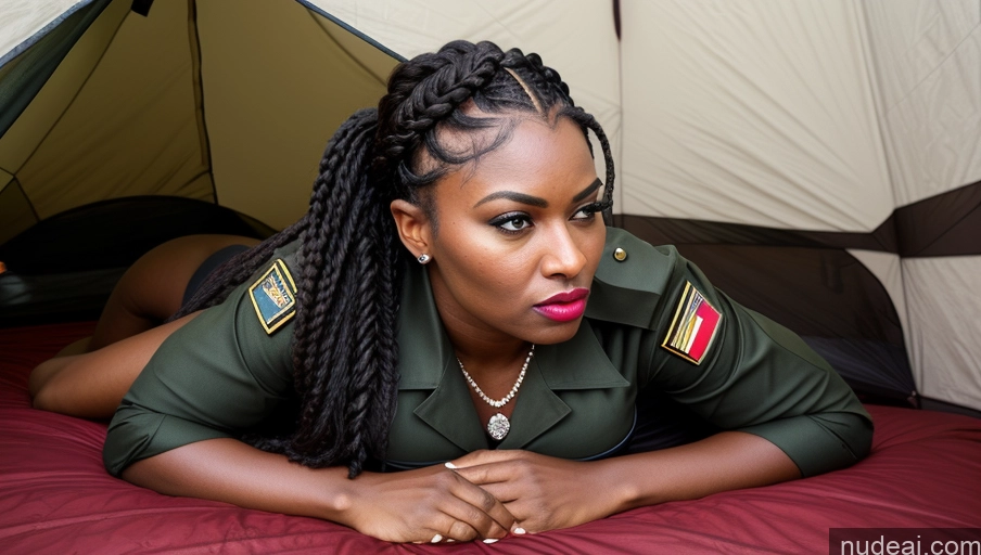 ai nude image of there is a woman in a military uniform laying on a bed pics of Military Busty Lipstick Pubic Hair Black Police Diamond Jewelry Braided Perfect Body Dark Skin Angry Tent Beautiful Spreading Legs