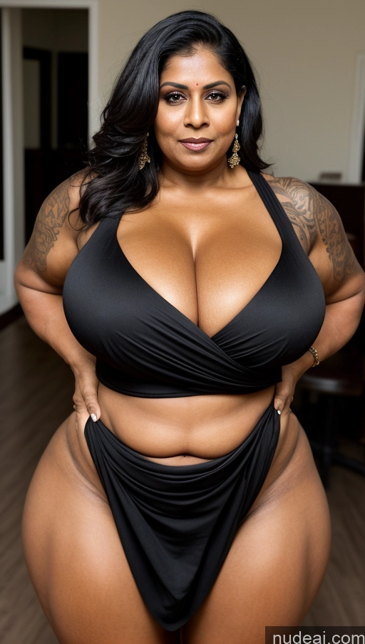 ai nude image of arafed woman in a black bikini posing for a picture pics of Milf Huge Boobs Beautiful Tattoos Muscular Big Ass Thick Big Hips Dark Skin Indian Sexy Face Tall 60s T-pose Black Hair Fat Busty Abs Close-up View Blouse Sari Hell