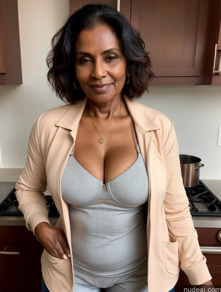 ai nude image of there is a woman standing in a kitchen with a pan of food pics of Milf Perfect Boobs Beautiful Perfect Body Dark Skin 70s Indian Kitchen Bra Casual Jacket Professor Stylish Suit Cleavage Detailed Sexy Face