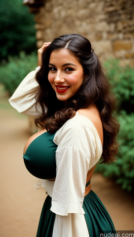 ai nude image of there is a woman in a green dress posing for a picture pics of Huge Boobs Perfect Boobs Busty Beautiful Big Ass Lipstick Big Hips Perfect Body Tanned Skin Black Hair Hair Bun Spanish Traditional Vintage Dress Medieval Happy Sexy Face