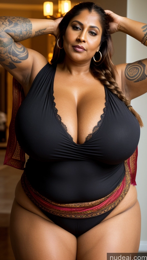 ai nude image of araffe woman in a black top and red panties posing for a picture pics of Milf Busty Huge Boobs Beautiful Tattoos Muscular Big Ass Thick Chubby Fat Big Hips Tall Dark Skin 50s Ginger Braided Indian Close-up View T-pose Sexy Face Hell Blouse Sari