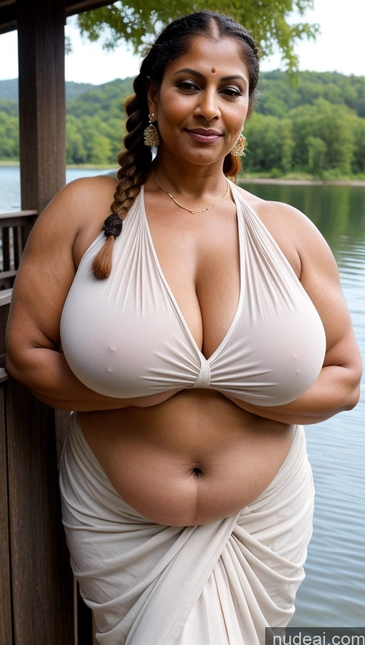 ai nude image of arafed woman in a white dress posing by a lake pics of Milf Busty Huge Boobs Beautiful Tattoos Muscular Big Ass Thick Chubby Fat Big Hips Tall Dark Skin 50s Ginger Braided Indian Close-up View T-pose Sexy Face Blouse Sari Lake