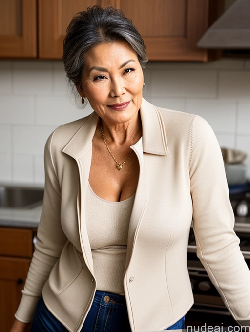 ai nude image of smiling woman in a kitchen with a counter top and a stove pics of Milf Perfect Boobs Beautiful Perfect Body 70s Kitchen Bra Casual Jacket Professor Stylish Suit Sweater Cleavage Detailed Sexy Face Mongolian