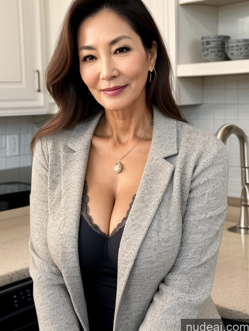 ai nude image of arafed woman in a gray jacket and black bra top in a kitchen pics of Milf Perfect Boobs Beautiful Perfect Body 70s Kitchen Bra Casual Jacket Professor Stylish Suit Sweater Cleavage Detailed Sexy Face Korean