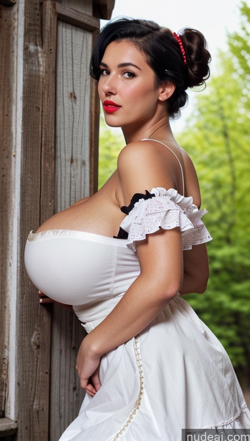 ai nude image of araffe woman in a white dress posing for a picture pics of Woman Busty Huge Boobs Perfect Boobs Big Ass Beautiful Big Hips Lipstick Perfect Body Hair Bun Pearl Jewelry Abs Western Dirndl Vintage Black Hair Spanish Cleavage