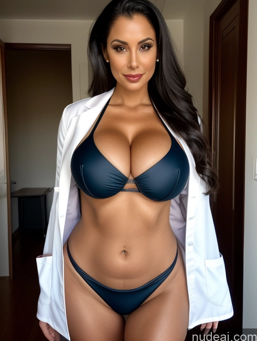 ai nude image of arafed woman in a black bikini and white coat posing for a picture pics of One Busty Huge Boobs Tanned Skin Brazilian Front View Microkini Thong Lab Coat Vampire 70s