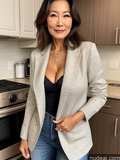 ai nude image of arafed woman in a blazer and jeans standing in a kitchen pics of Milf Perfect Boobs Beautiful Perfect Body 70s Kitchen Bra Casual Jacket Professor Stylish Suit Sweater Cleavage Detailed Sexy Face Korean