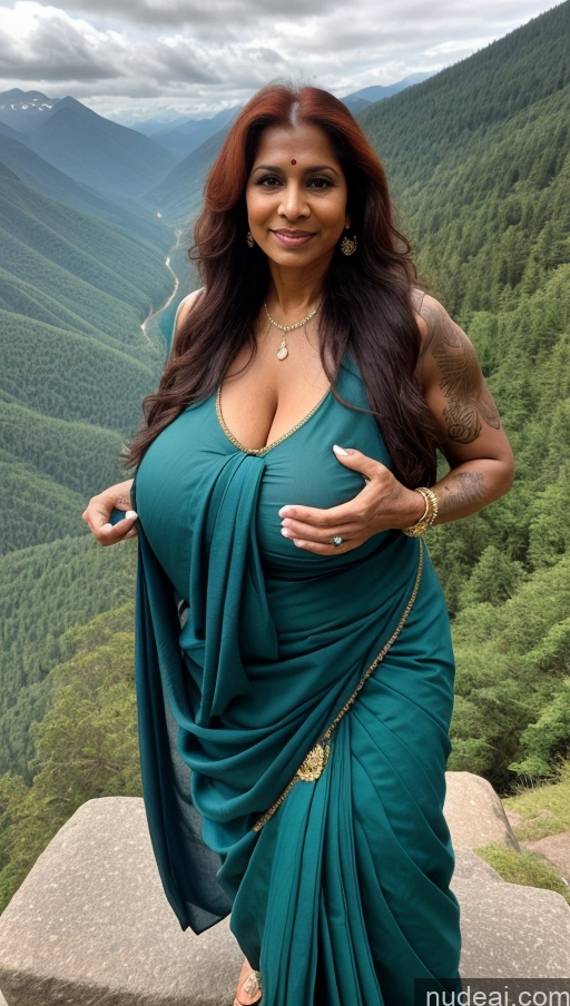 ai nude image of arafed woman in a green sari posing for a picture pics of Milf Huge Boobs Beautiful Tattoos Muscular Big Ass Thick Big Hips Tall Dark Skin Indian Sexy Face Abs Long Hair Ginger T-pose Close-up View Busty 60s Mountains Blouse Sari