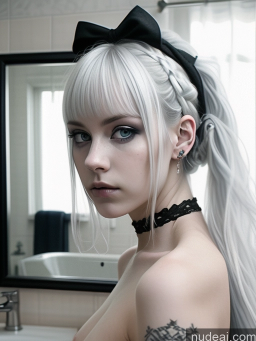 ai nude image of blond woman with black bow and tattoos posing in front of mirror pics of Woman 18 Scandinavian Detailed Fairer Skin Serious Black Hair Towel Nude Bathroom Gothic Punk Girl