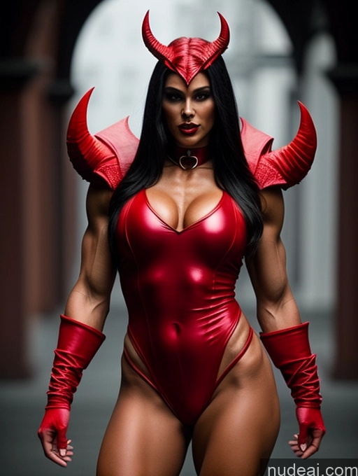 ai nude image of araffe woman in a red bodysuit with horns and horns pics of Miss Universe Model Athlete Bodybuilder Devil