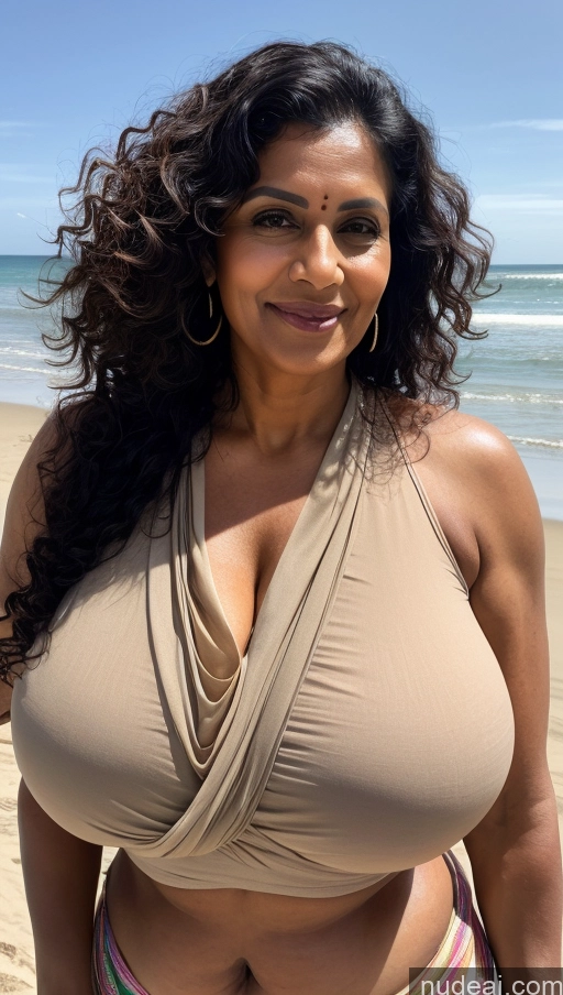 ai nude image of arafed woman in a tan top on a beach with a blue sky pics of Milf Busty Huge Boobs Beautiful Tattoos Muscular Big Ass Abs Thick Big Hips Tall Dark Skin 60s Indian Close-up View Sexy Face Blouse Sari Curly Hair Fat Jumping Beach Black Hair