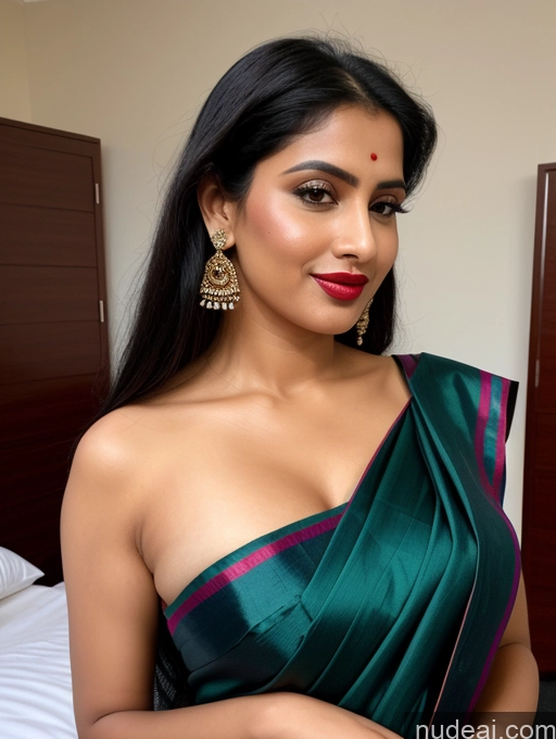 ai nude image of araffe woman in a green dress posing for a picture pics of Woman One Busty Perfect Boobs Lipstick Perfect Body 20s Seductive Black Hair British Illustration Bedroom Front View Sari Cleavage