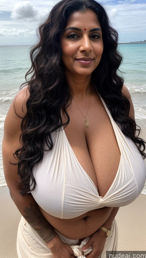 ai nude image of arafed woman in a white dress posing on the beach pics of Milf Busty Huge Boobs Beautiful Tattoos Muscular Big Ass Abs Thick Fat Big Hips Tall Curly Hair Dark Skin 60s Black Hair Indian Beach Front View Cooking Blouse Sari Sexy Face