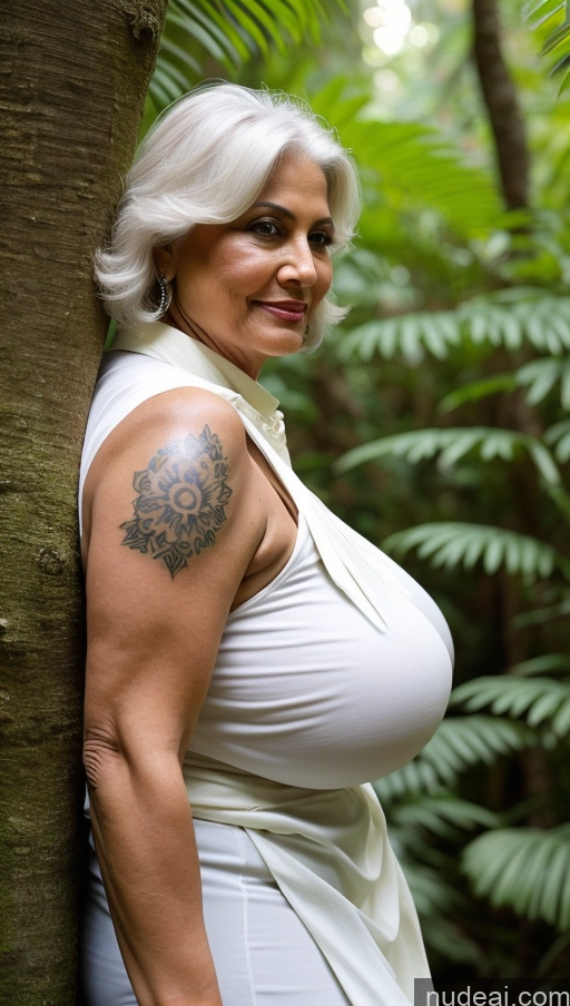 ai nude image of there is a woman with a tattoo on her arm leaning against a tree pics of Milf Busty Huge Boobs Beautiful Tattoos Muscular Big Ass Abs Thick Chubby Fat Big Hips Tall 60s Indian Close-up View Working Out Blouse Sari Sexy Face Dark Skin White Hair Jungle