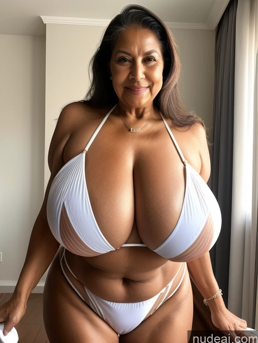 ai nude image of araffe woman in a white bikini posing for a picture pics of One Busty Huge Boobs Tanned Skin Front View Microkini Thong 70s Brazilian Maid