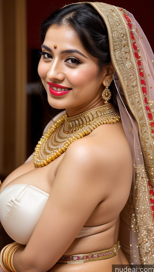 ai nude image of araffed woman in a bridal dress posing for a picture pics of Woman Busty Huge Boobs Beautiful Lipstick Big Ass Fairer Skin 50s Happy Sexy Face Black Hair Straight Middle Eastern Skin Detail (beta) Close-up View Sari Wedding Traditional Partially Nude Jewelry Gold Jewelry Bright Lighting