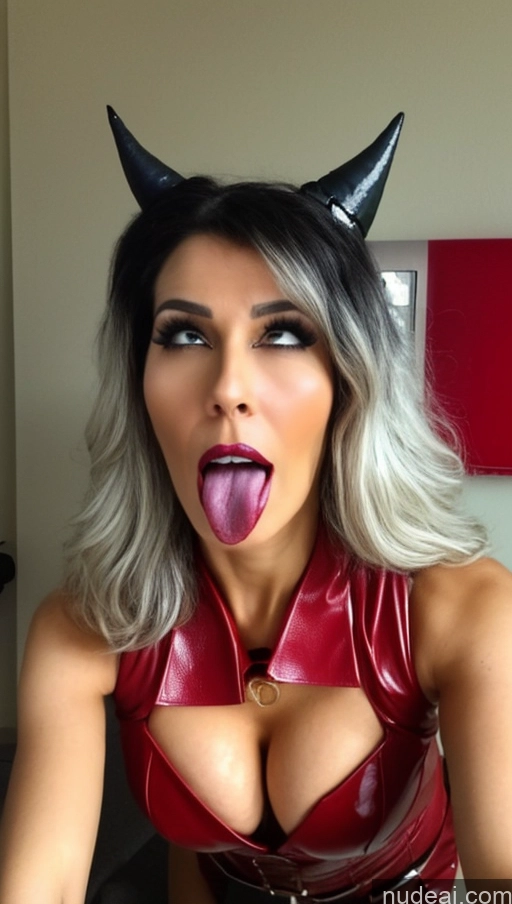 ai nude image of blond woman in red latex with horns and a tongue sticking out pics of Milf Perfect Boobs Beautiful Lipstick Big Ass Perfect Body Oiled Body 60s Ahegao Japanese Skin Detail (beta) Office Cumshot Devil Cleavage Dark Lighting Detailed Secretary Last