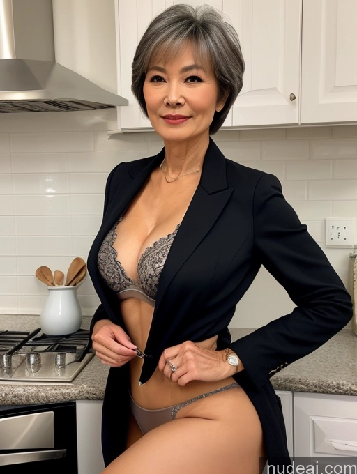 ai nude image of there is a woman in a black jacket and panties posing in a kitchen pics of Milf Perfect Boobs Beautiful Perfect Body 70s Kitchen Spreading Legs Bra Jacket Professor Secretary Stylish Suit Cleavage Partially Nude Detailed Sexy Face Chinese Pixie