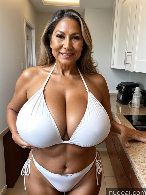 ai nude image of arafed woman in a white bikini posing in a kitchen pics of One Busty Tanned Skin 70s Front View Microkini Maid Thong Huge Boobs Brazilian