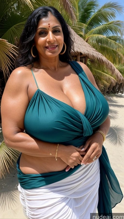 ai nude image of arafed woman in a green top and white skirt posing for a picture pics of Milf Busty Huge Boobs Beautiful Tattoos Muscular Big Ass Thick Big Hips Tall Dark Skin Indian Close-up View Sexy Face 60s Black Hair Abs T-pose Beach Blouse Sari