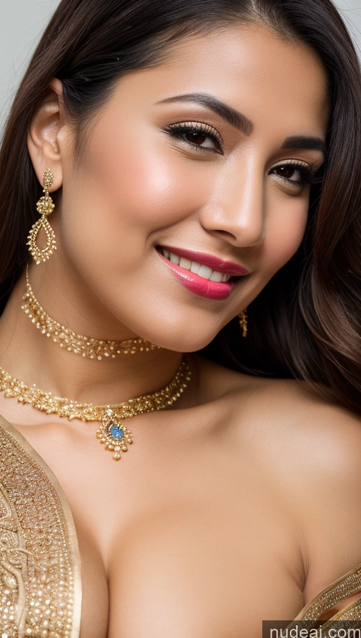 ai nude image of a close up of a woman wearing a gold dress and a necklace pics of Woman Busty Huge Boobs Beautiful Lipstick Big Ass Fairer Skin 50s Happy Sexy Face Black Hair Straight Middle Eastern Skin Detail (beta) Close-up View Sari Traditional Wedding Partially Nude Jewelry Gold Jewelry Bright Lighting