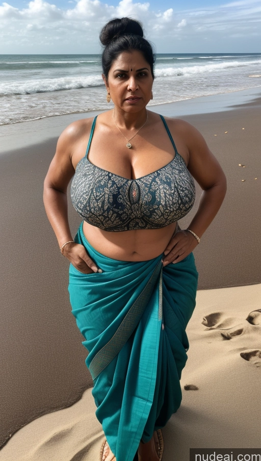 ai nude image of araffe woman in a blue sari standing on a beach pics of Milf Busty Huge Boobs Beautiful Muscular Big Ass Abs Thick Big Hips Tall Dark Skin Indian Blouse Sari Sexy Face Black Hair Hair Bun Front View Tattoos Fat T-pose 60s Angry Beach