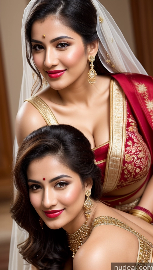 ai nude image of araffes in a red and gold sari and a bride in a red and gold sari pics of Woman Busty Huge Boobs Beautiful Lipstick Big Ass Fairer Skin 50s Happy Sexy Face Black Hair Straight Middle Eastern Skin Detail (beta) Close-up View Sari Traditional Wedding Partially Nude Jewelry Gold Jewelry Bright Lighting