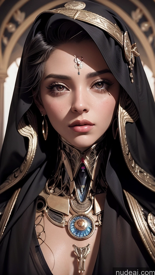 ai nude image of arafed woman in a black and gold outfit with a necklace and earrings pics of Tanned Skin Arabic Close-up View Huge Tits, Hard Nipples Futuristicbot V2