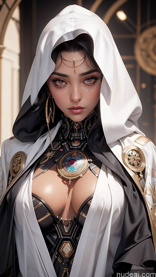 ai nude image of arafed woman in a white robe and black and gold outfit pics of Tanned Skin Arabic Close-up View Huge Tits, Hard Nipples Futuristicbot V2