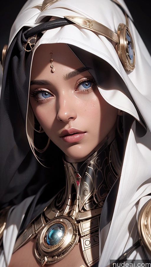 ai nude image of arafed woman in a white robe and gold jewelry with a blue eye pics of Tanned Skin Arabic Close-up View Huge Tits, Hard Nipples Futuristicbot V2 Dark Skin Blonde