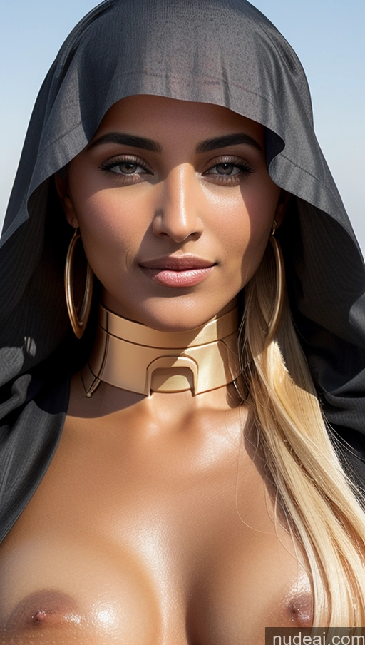 ai nude image of arafed woman with a hood on her head and a choke around her neck pics of Tanned Skin Arabic Close-up View Huge Tits, Hard Nipples Futuristicbot V2 Dark Skin Blonde