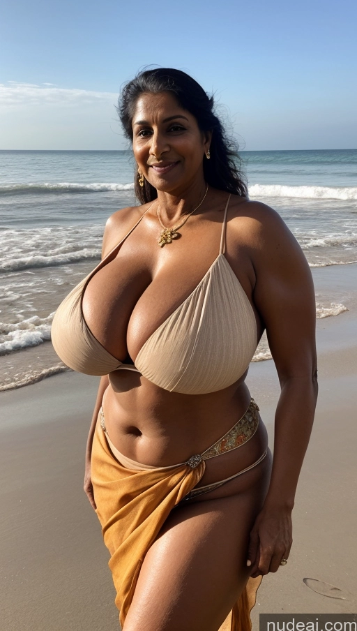 ai nude image of araffe woman in a bikini posing on the beach pics of Milf Busty Huge Boobs Beautiful Tattoos Muscular Big Ass Abs Thick Big Hips Tall Dark Skin 60s Ginger Indian Close-up View T-pose Blouse Sari Sexy Face Beach