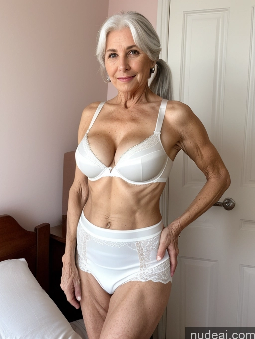 ai nude image of older woman in white underwear posing for a picture in her bedroom pics of Milf Small Tits Small Ass Skinny Pubic Hair 70s White Hair Ponytail Bedroom Micro Skirt Push-up Bra Cleavage