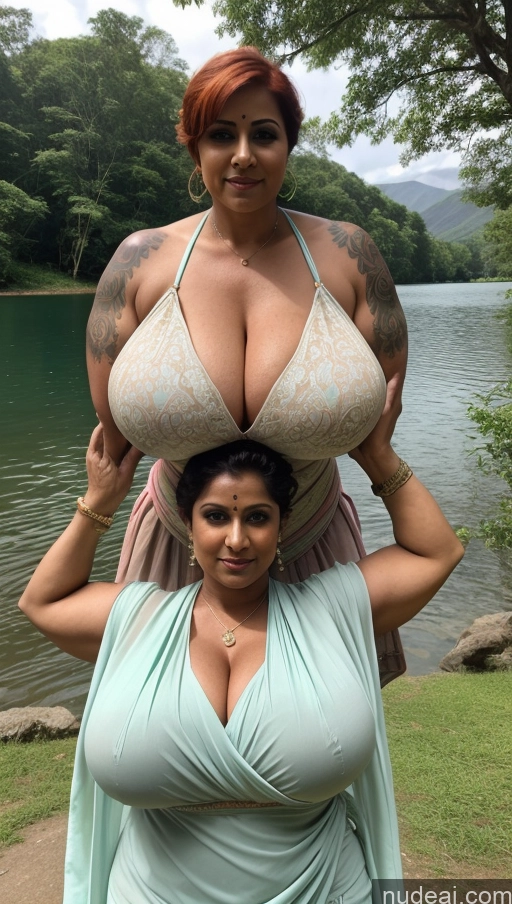 ai nude image of araffe woman with huge breasts posing with a woman in a dress pics of Milf Busty Huge Boobs Beautiful Tattoos Muscular Big Ass Abs Thick Big Hips Tall Dark Skin 60s Ginger Pixie Indian Lake Blouse Sari Cleavage Sexy Face T-pose Fat Front View