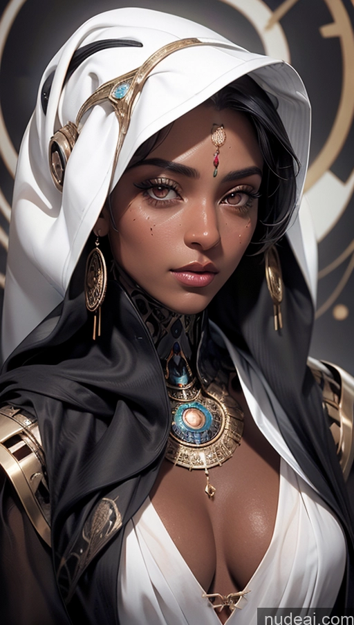 ai nude image of arafed woman in a white and black outfit with a gold necklace and a white scarf pics of Tanned Skin Arabic Close-up View Futuristicbot V2 Huge Tits, Hard Nipples Dark Skin