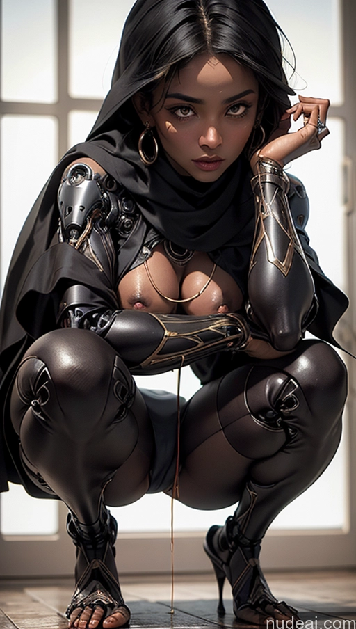 ai nude image of araffe woman in black leather outfit kneeling on tiled floor pics of Tanned Skin Arabic Close-up View Futuristicbot V2 Huge Tits, Hard Nipples Dark Skin Squatting