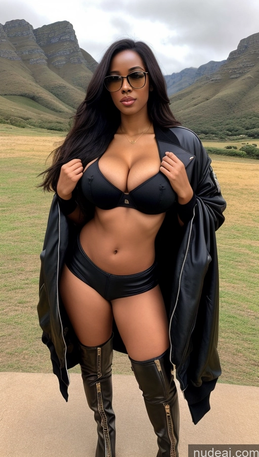 Superheroine One Busty Perfect Boobs Big Ass Thick Abs Long Legs Seductive Sexy Face Long Hair Cape Town Front View Bomber Boots Crop Top Jeans Black Hair Ethiopian