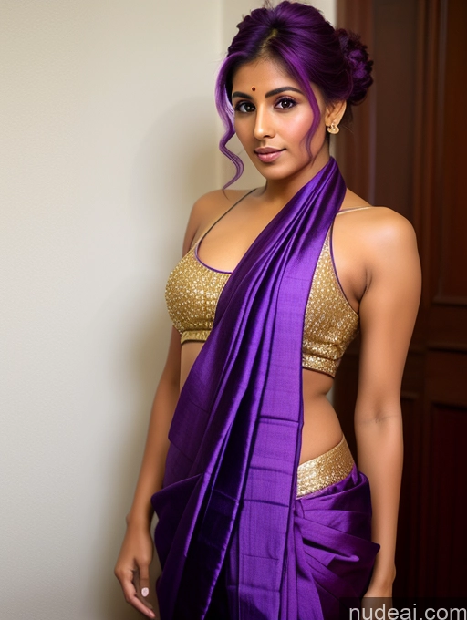 ai nude image of araffe woman in a purple sari posing for a picture pics of Short Pubic Hair Tanned Skin 20s Hair Bun Indian Sari Purple Hair Bending Over