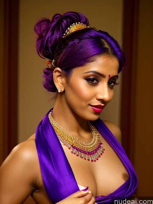 ai nude image of purple hair with a gold crown and a purple dress pics of Short Pubic Hair Tanned Skin 20s Hair Bun Indian Sari Purple Hair Lipstick Bra Pull Down