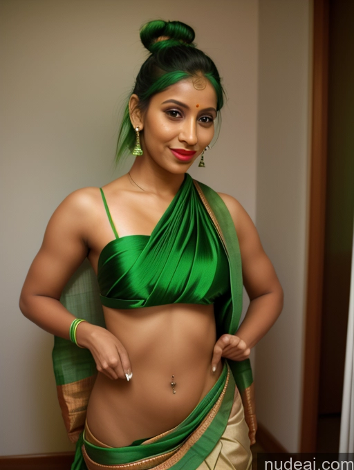 ai nude image of there is a woman in a green top and gold skirt pics of Short Pubic Hair Tanned Skin 20s Hair Bun Indian Sari Lipstick Bra Pull Down Green Hair