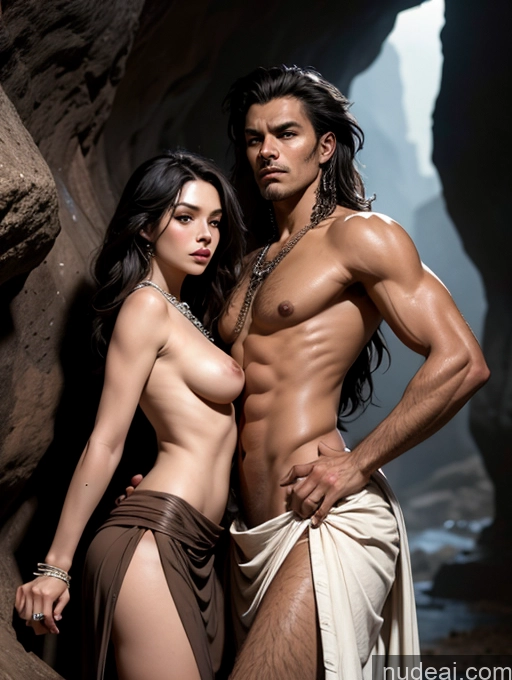 ai nude image of arafed man and woman posing in a cave with a waterfall pics of Woman + Man Two Small Tits Skinny Abs Tanned Skin Dark Skin Sad Seductive Native American Cave Long Skirt Thong Tribal Topless Jewelry Art By Boris Vallejo Boris Vallejo Art Style Fr4z3tt4 Long Hair