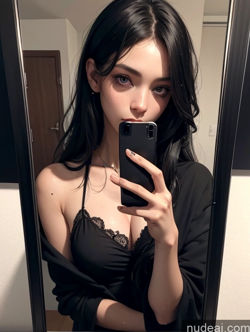 ai nude image of woman taking a selfie in a mirror with a cell phone pics of Woman One 18 Serious Black Hair Long Hair White Close-up View Goth Mirror Selfie