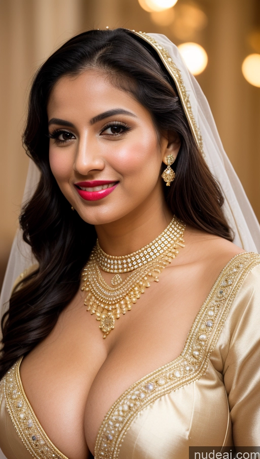 ai nude image of a close up of a woman in a wedding dress with a veil pics of Woman Busty Huge Boobs Beautiful Lipstick Big Ass Fairer Skin 50s Happy Sexy Face Black Hair Straight Middle Eastern Skin Detail (beta) Close-up View Sari Wedding Traditional Partially Nude Jewelry Gold Jewelry Bright Lighting