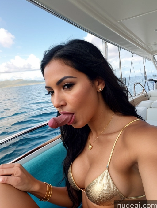 ai nude image of woman in a bikini sitting on a boat licking her tongue pics of One Woman Tanned Skin Pubic Hair Short Beautiful Lipstick Perfect Boobs 20s Serious Black Hair Long Hair Latina Yacht Front View Blowjob Bikini Gold Jewelry