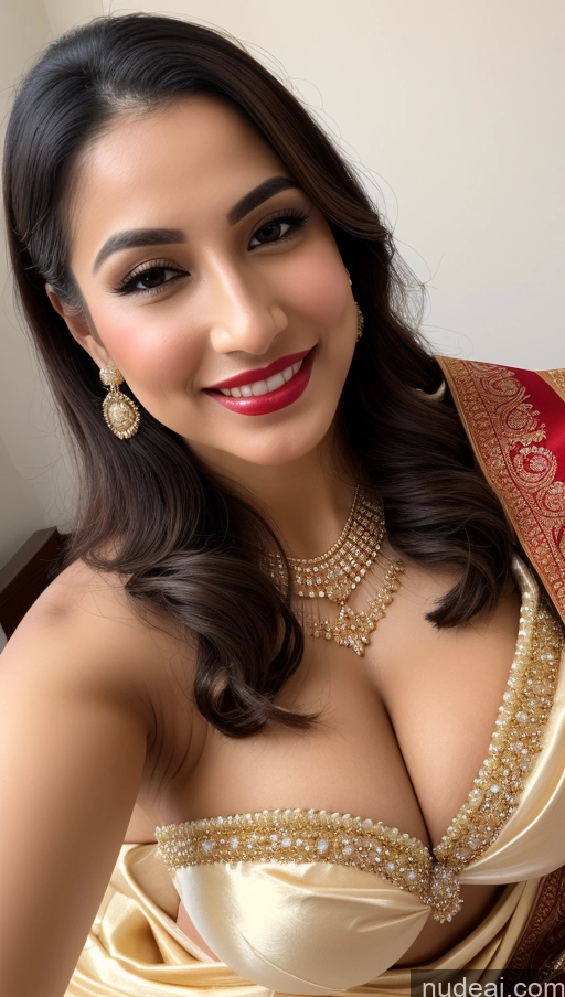 ai nude image of araffed woman in a gold dress with a red and gold shawl pics of Woman Busty Huge Boobs Beautiful Lipstick Big Ass Fairer Skin 50s Happy Sexy Face Black Hair Straight Middle Eastern Skin Detail (beta) Close-up View Sari Wedding Traditional Partially Nude Jewelry Gold Jewelry Bright Lighting